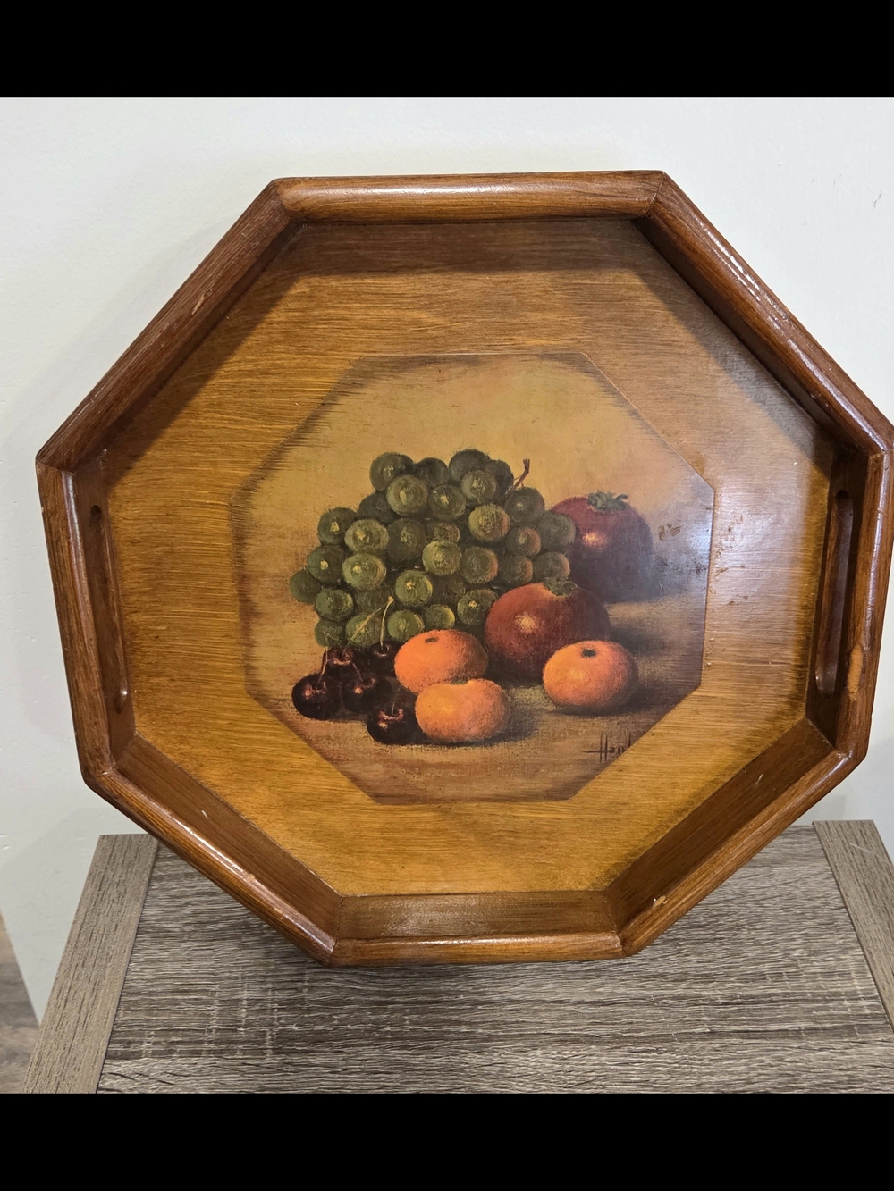 Vintage Octagon Wood Serving Tray Fruit w/Felt Back Handles Cottagecore SEE DESC